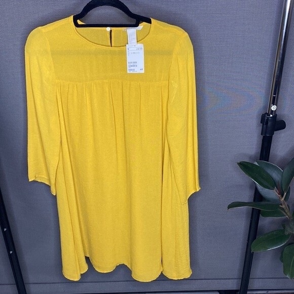H&M Mustard Sheer Top Quarter Sleeve Tunic Shirt - Picture 2 of 6